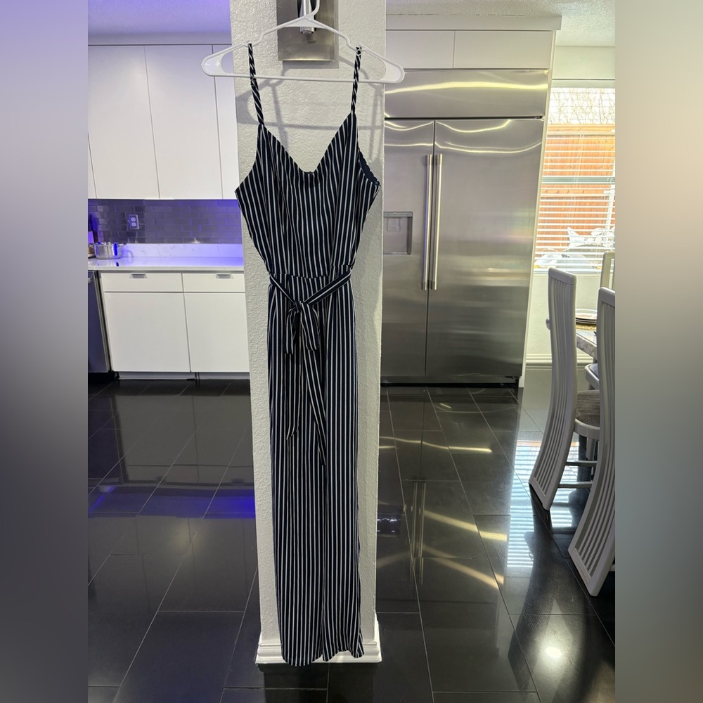 Monteau Navy Blue and White Striped Jumpsuit with Tie Waist